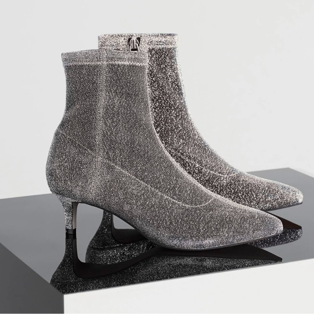Rebecca Minkoff Sayres Silver glitter sock boots kitten heel. Size 8.5